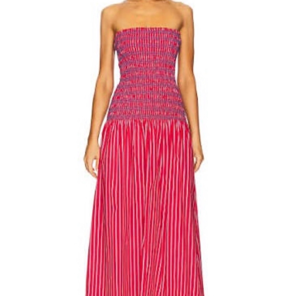 Line & Dot Strapless Pink Smocked Maxi Dress with Striped Skirt